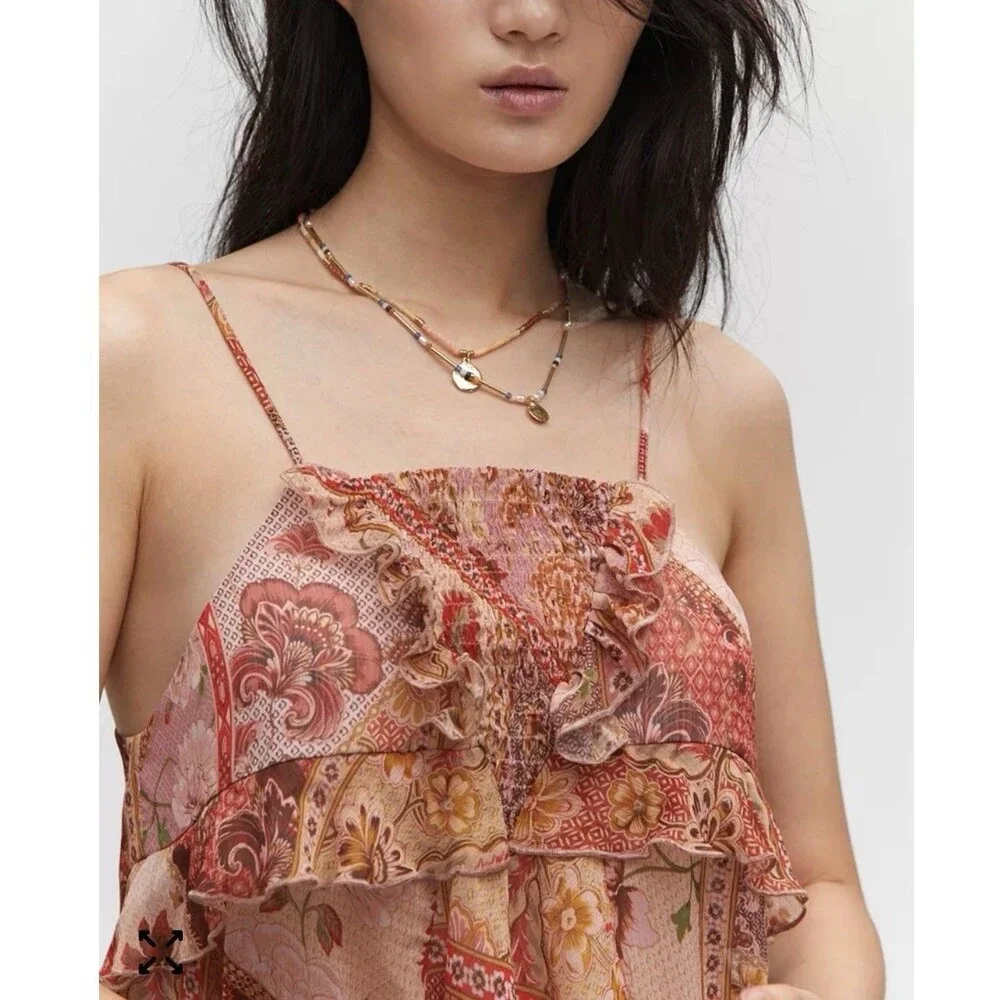 Patchwork Floral Ruffle Tiered Cami Top S MNG Mango Boho Smocked Peplum Summer - Picture 16 of 16